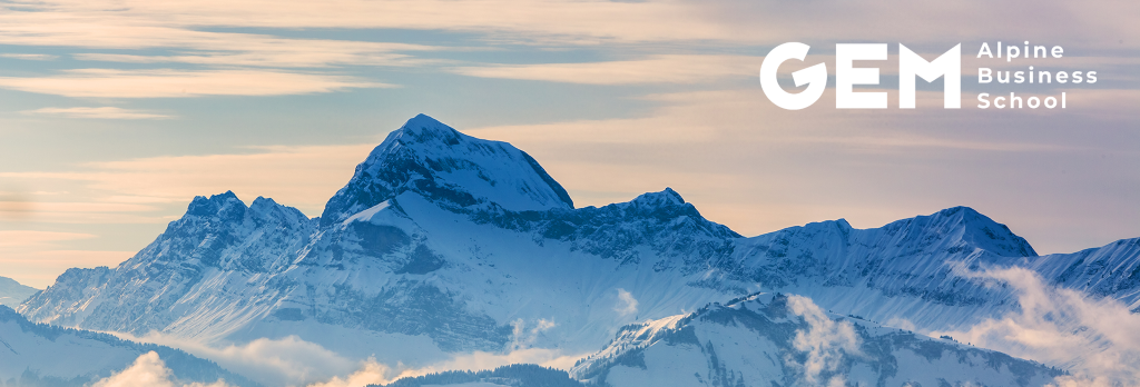 GEM Alpine Business School logo on a mountain view background